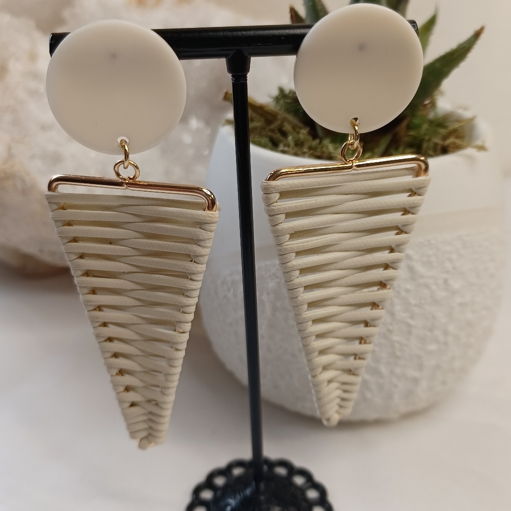 Cream Triangle Drop Earrings with Gold Trim